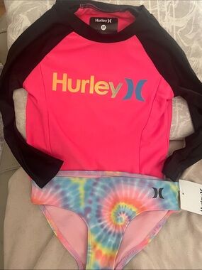 Hurley Pink and Black Girls' Long Sleeve Rash Guard with Tie-Dye Bikini Bottoms